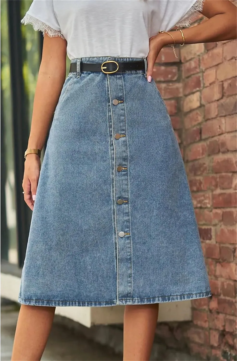 Women Summer Denim Skirts Fashion Slim Mid Length Jeans Button A-Line Skirts Street Casual Female Clothing