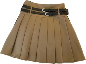Women Summer High Waist Casual Mini Skirt Solid with Double Belt Pleated A Line Skirts
