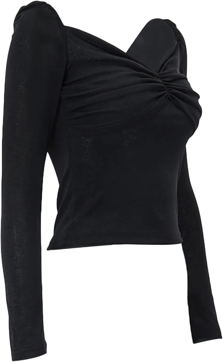Women T-Shirt Long Sleeve V Neck Pleated Patchwork Slim Fit Ladies Tops for Casual Daily