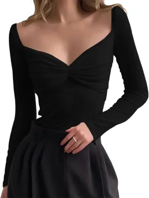 Women T-Shirt Long Sleeve V Neck Pleated Patchwork Slim Fit Ladies Tops for Casual Daily