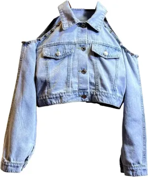 Women Vintage Lightweight Slim Short Denim Jacket Off The Shoulder Lapel Long Sleeve Cowboy Jacket