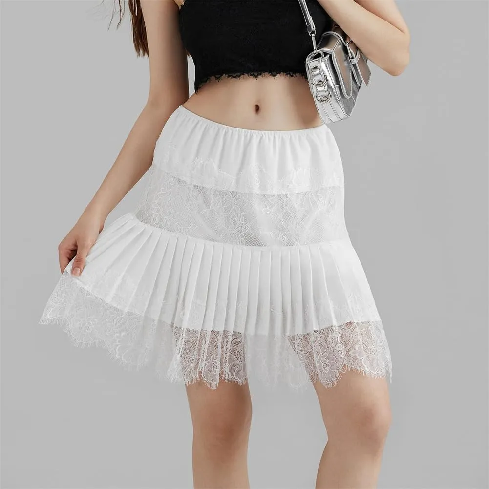 Women Y2k Lace Mini Skirts, Low Rise Pleated Ruffle Half Slip Skirt Layered Flowy Short Skirt Streetwear