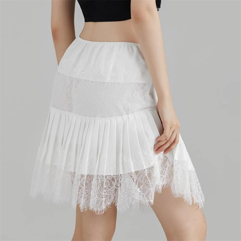 Women Y2k Lace Mini Skirts, Low Rise Pleated Ruffle Half Slip Skirt Layered Flowy Short Skirt Streetwear