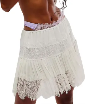 Women Y2k Lace Mini Skirts, Low Rise Pleated Ruffle Half Slip Skirt Layered Flowy Short Skirt Streetwear