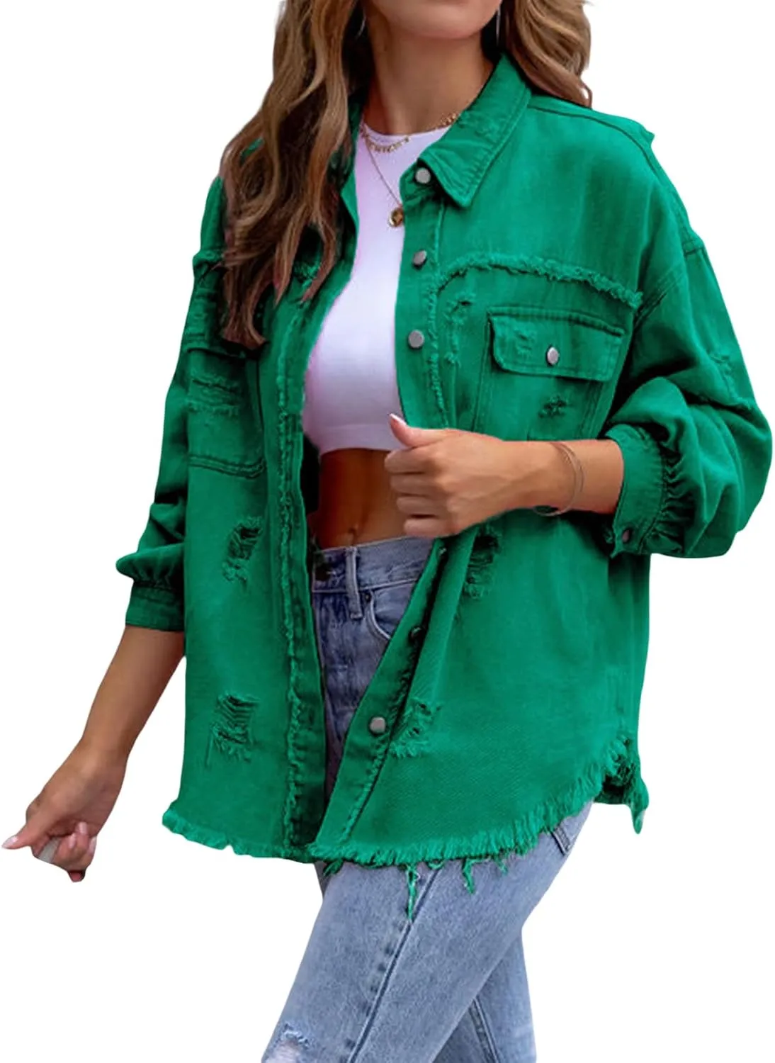 Women Y2K Ripped Distressed Denim Jacket Long Sleeve Button Down Jean Coat Vintage Casual Trucker Jacket