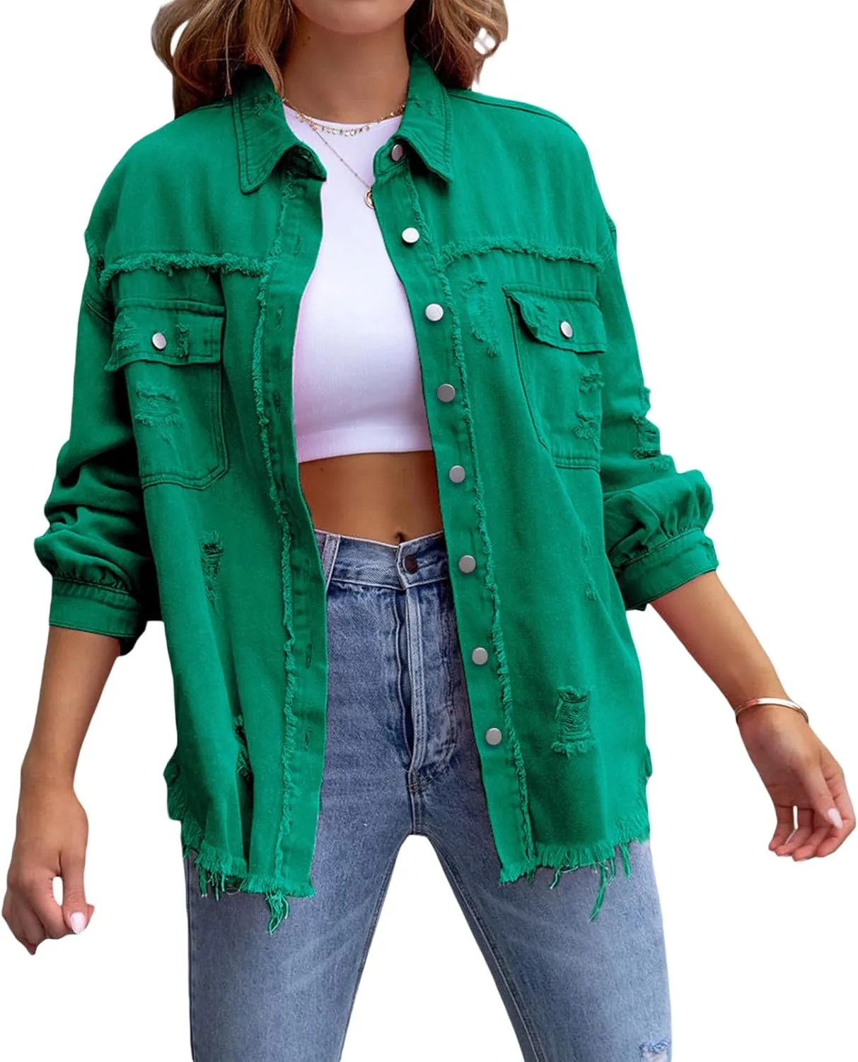 Women Y2K Ripped Distressed Denim Jacket Long Sleeve Button Down Jean Coat Vintage Casual Trucker Jacket