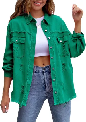 Women Y2K Ripped Distressed Denim Jacket Long Sleeve Button Down Jean Coat Vintage Casual Trucker Jacket