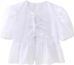 Women Y2K Tie Front Tops Puff Short Sleeve Peplum Shirts Going Out Lace up Crop Top Blouse