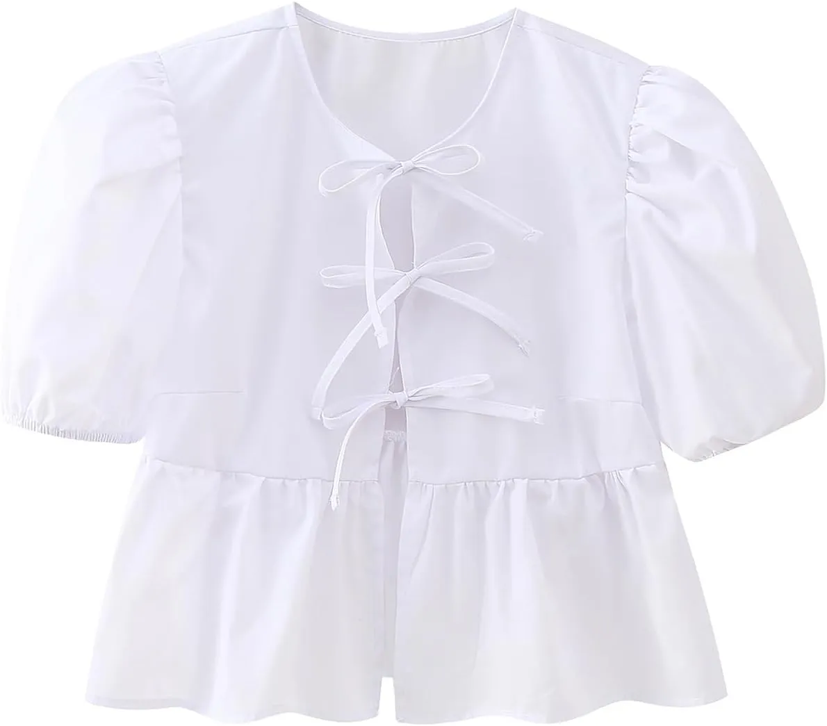 Women Y2K Tie Front Tops Puff Short Sleeve Peplum Shirts Going Out Lace up Crop Top Blouse