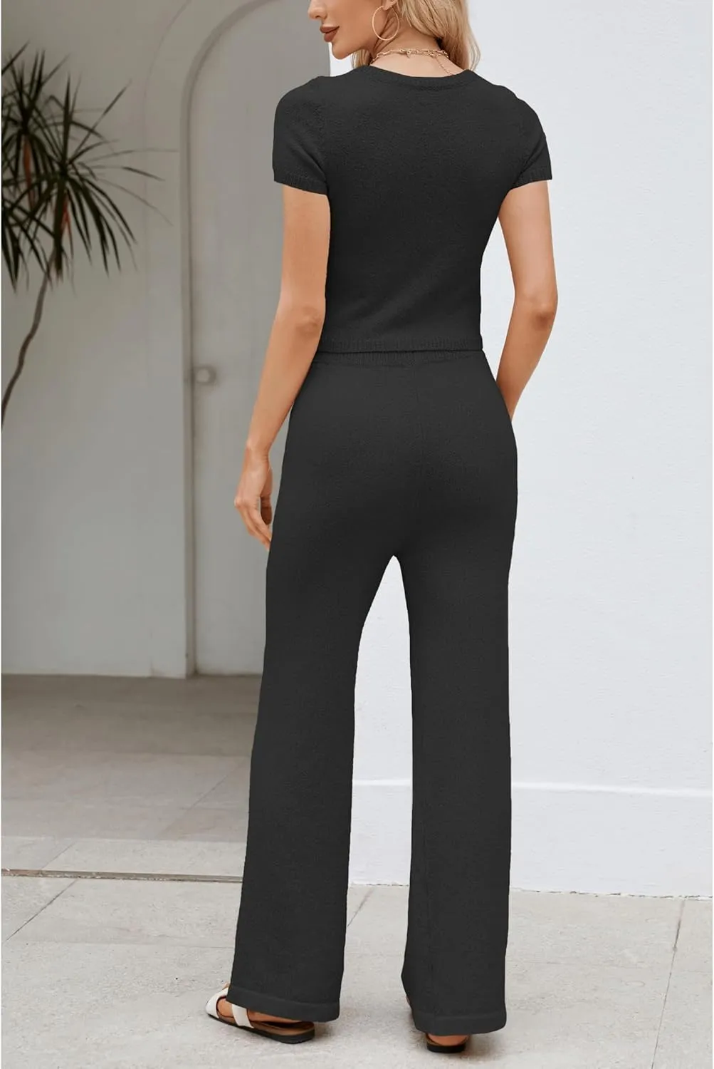 Womens 2 Piece Lounge Set Short Sleeve Knit Crop Top Wide Leg Pants Casual Comfy Matching Sweatsuit