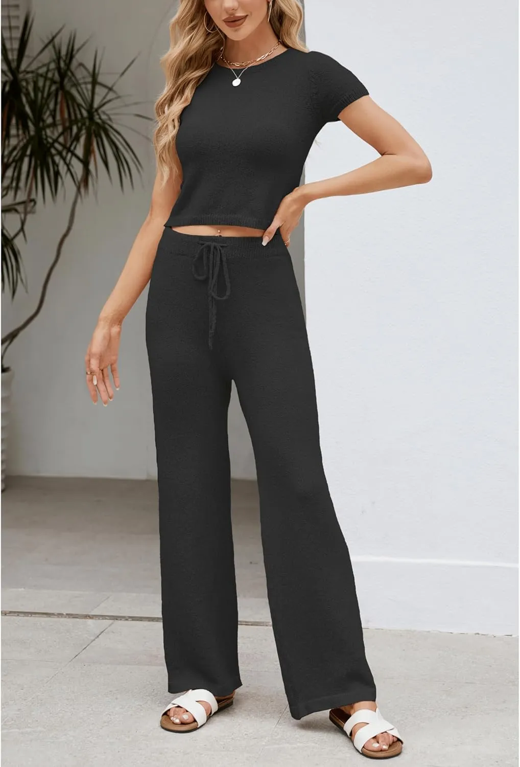 Womens 2 Piece Lounge Set Short Sleeve Knit Crop Top Wide Leg Pants Casual Comfy Matching Sweatsuit