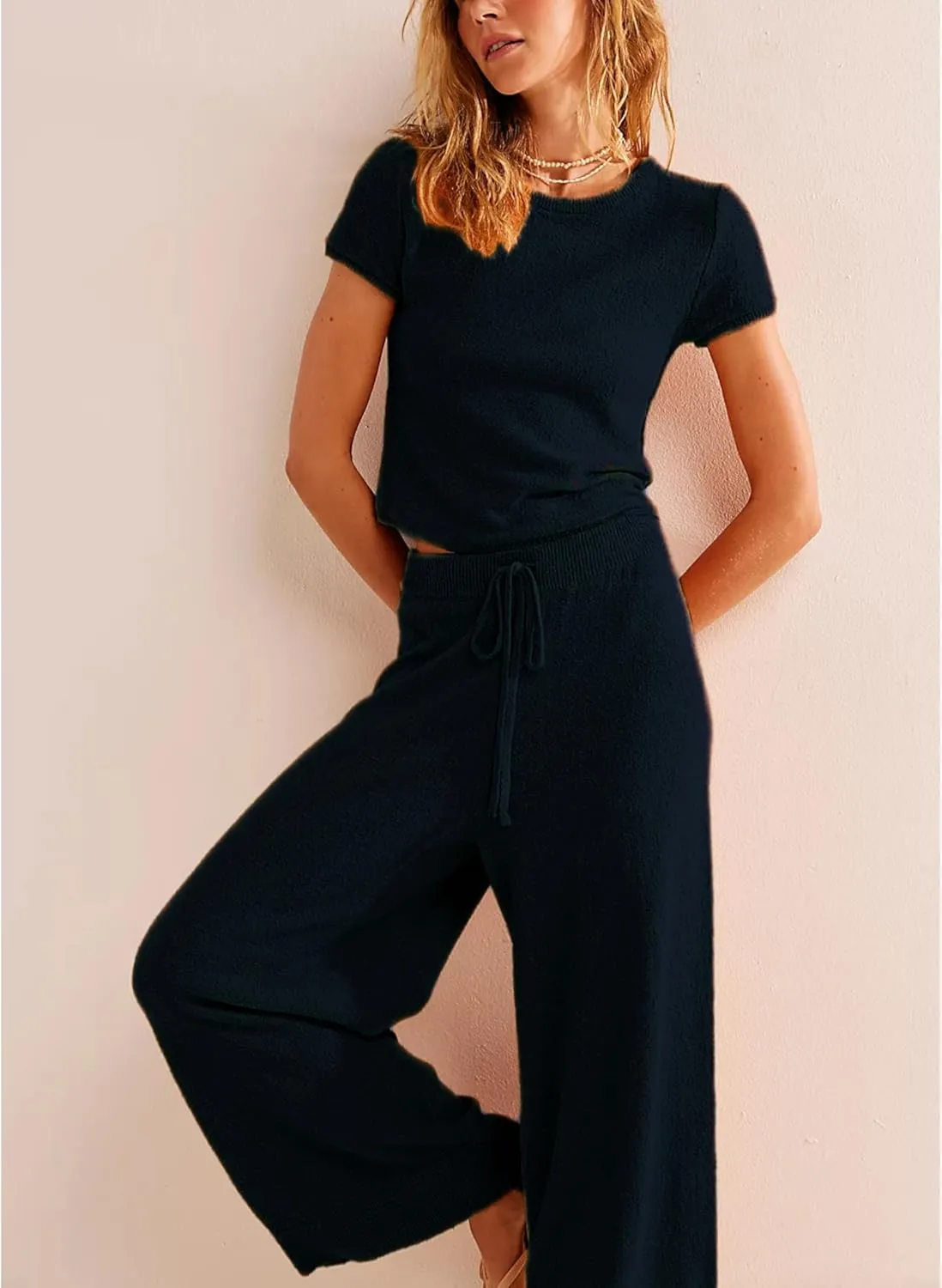 Womens 2 Piece Lounge Set Short Sleeve Knit Crop Top Wide Leg Pants Casual Comfy Matching Sweatsuit