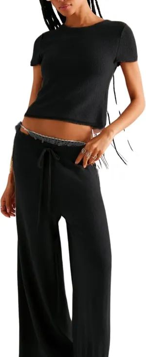 Womens 2 Piece Lounge Set Short Sleeve Knit Crop Top Wide Leg Pants Casual Comfy Matching Sweatsuit