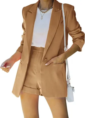 Women's 2 Piece Open Front Long Sleeve Blazer and Solid Short Pants Suit Sets