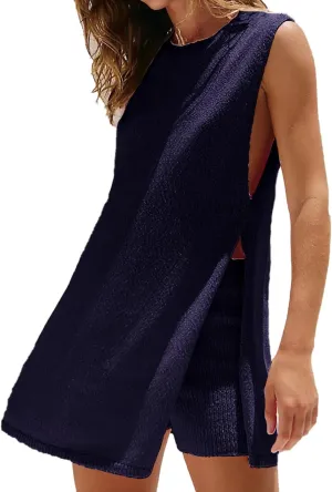 Womens 2 Piece Outfits Casual Sleeveless Sweater Top and Shorts Lounge Sets Summer Knit Sweater Set