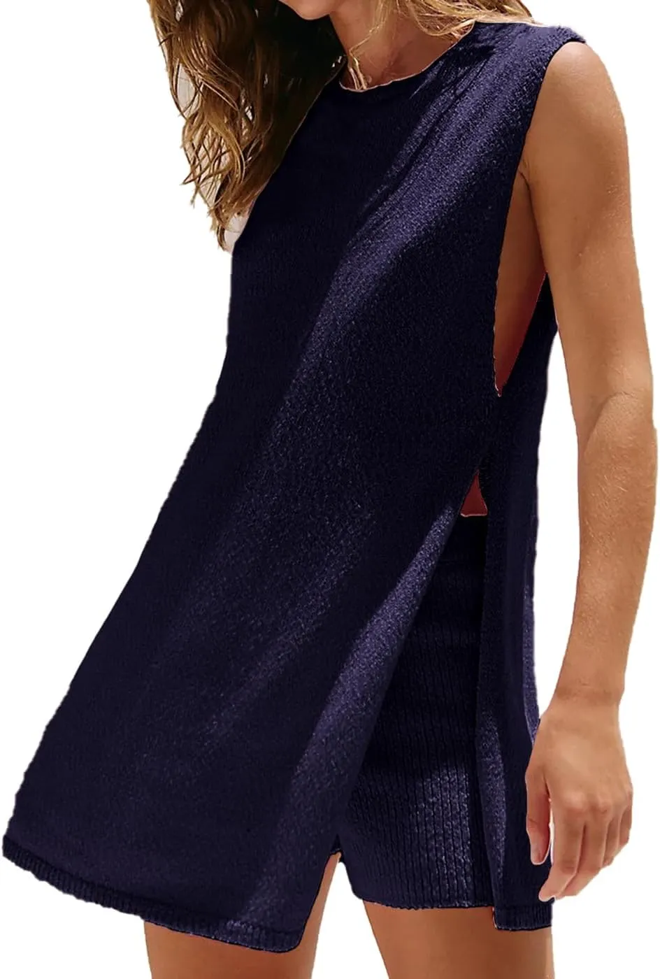 Womens 2 Piece Outfits Casual Sleeveless Sweater Top and Shorts Lounge Sets Summer Knit Sweater Set