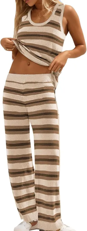 Womens 2 Piece Sweater Set Lounge Set Sleeveless Knit Tank Tops and Pants Beach Outfits Sets