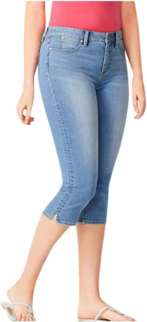 Womens 3/4 Length Casual Jeans Trendy Stretch Zipper Button High Waiste Calf Denim Pant Gradient Tight Casual Trouser