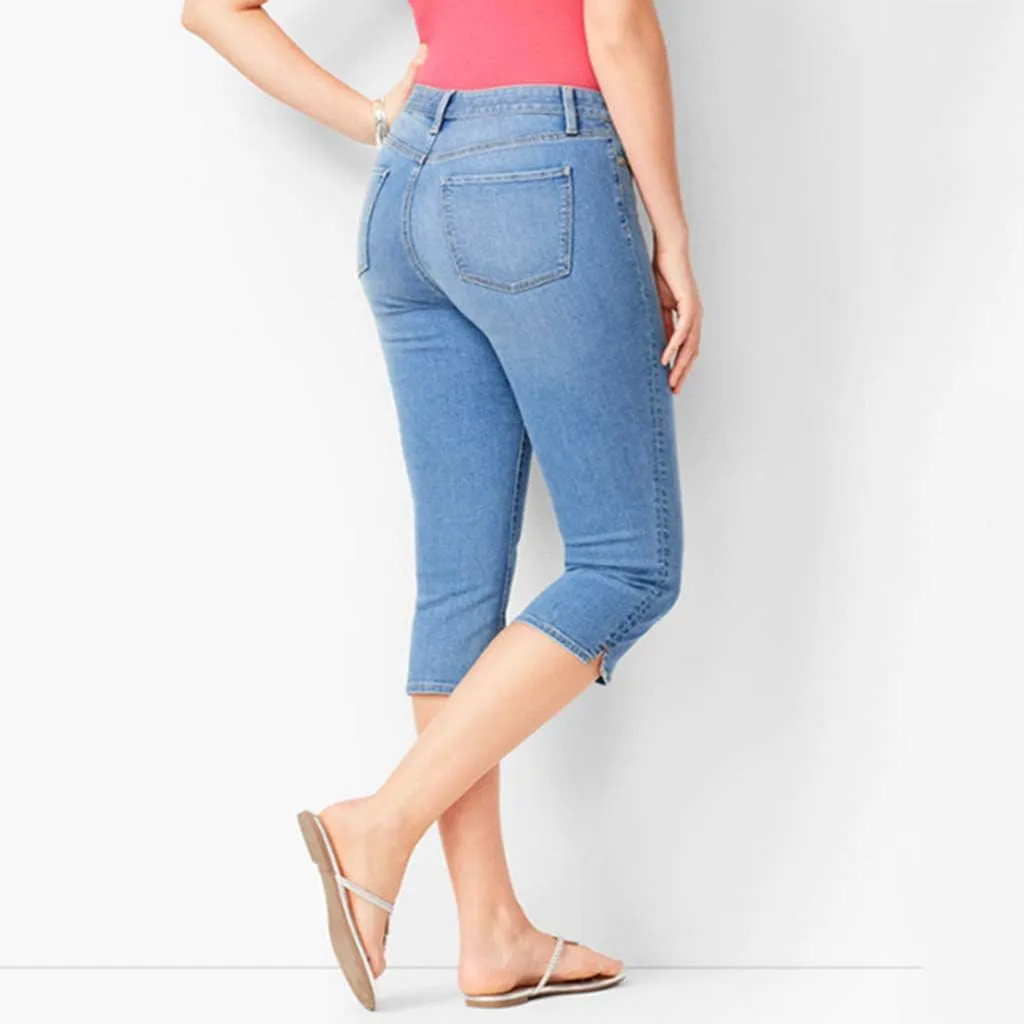 Womens 3/4 Length Casual Jeans Trendy Stretch Zipper Button High Waiste Calf Denim Pant Gradient Tight Casual Trouser