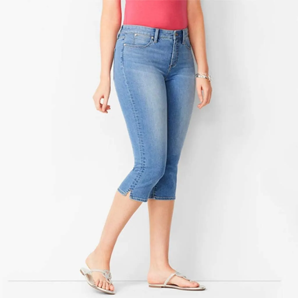 Womens 3/4 Length Casual Jeans Trendy Stretch Zipper Button High Waiste Calf Denim Pant Gradient Tight Casual Trouser