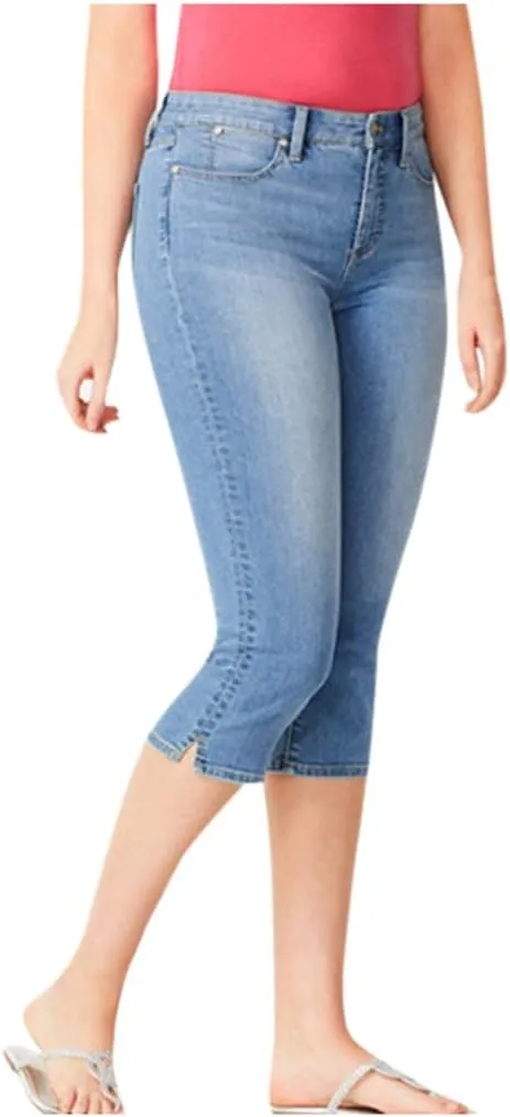 Womens 3/4 Length Casual Jeans Trendy Stretch Zipper Button High Waiste Calf Denim Pant Gradient Tight Casual Trouser