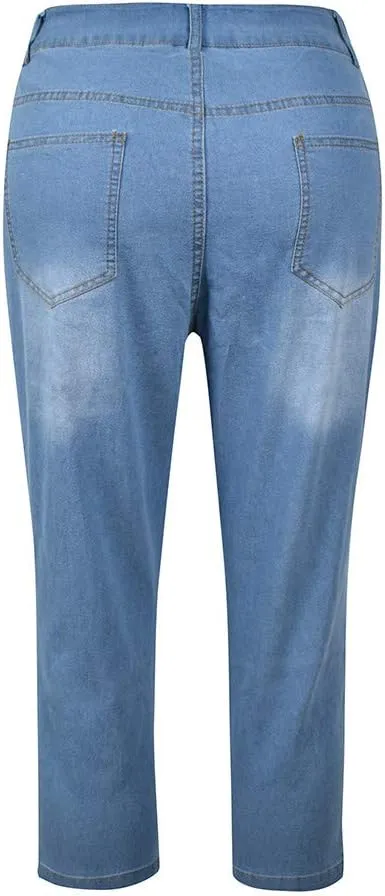 Womens 3/4 Length Casual Jeans Trendy Stretch Zipper Button High Waiste Calf Denim Pant Gradient Tight Casual Trouser