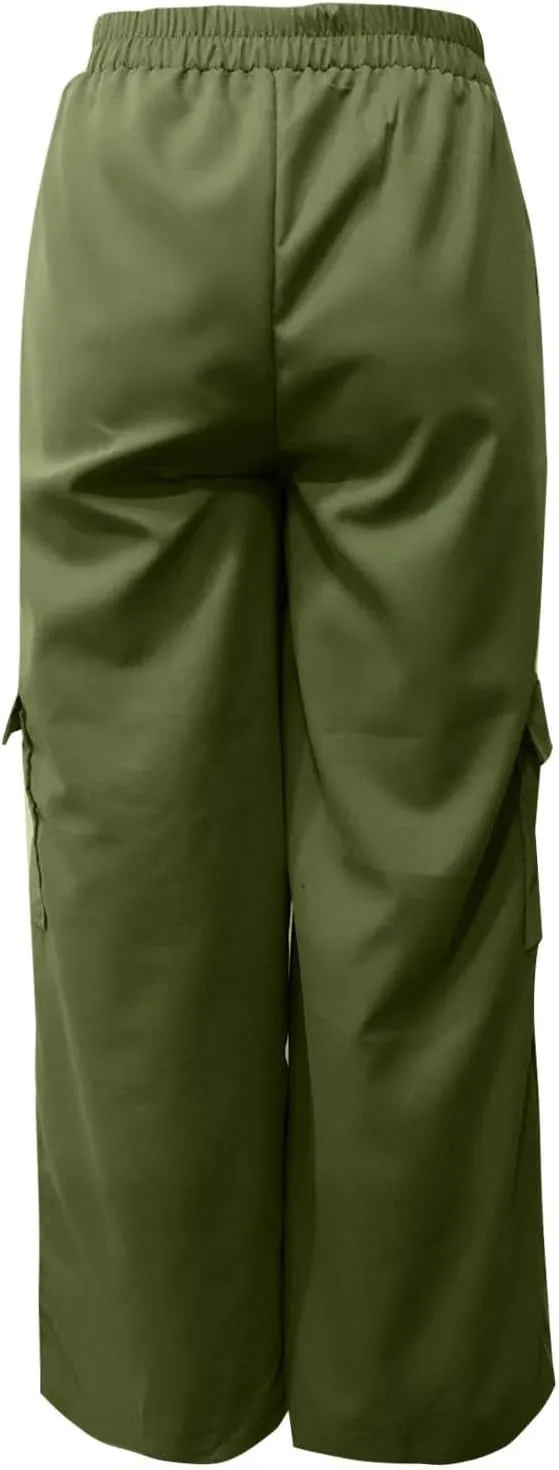 Women's Baggy Cargo Pants Wide Leg Elastic Waist Multi Pockets Straight Leg Pants Loose Comfy Streetwear Patchwork Trousers