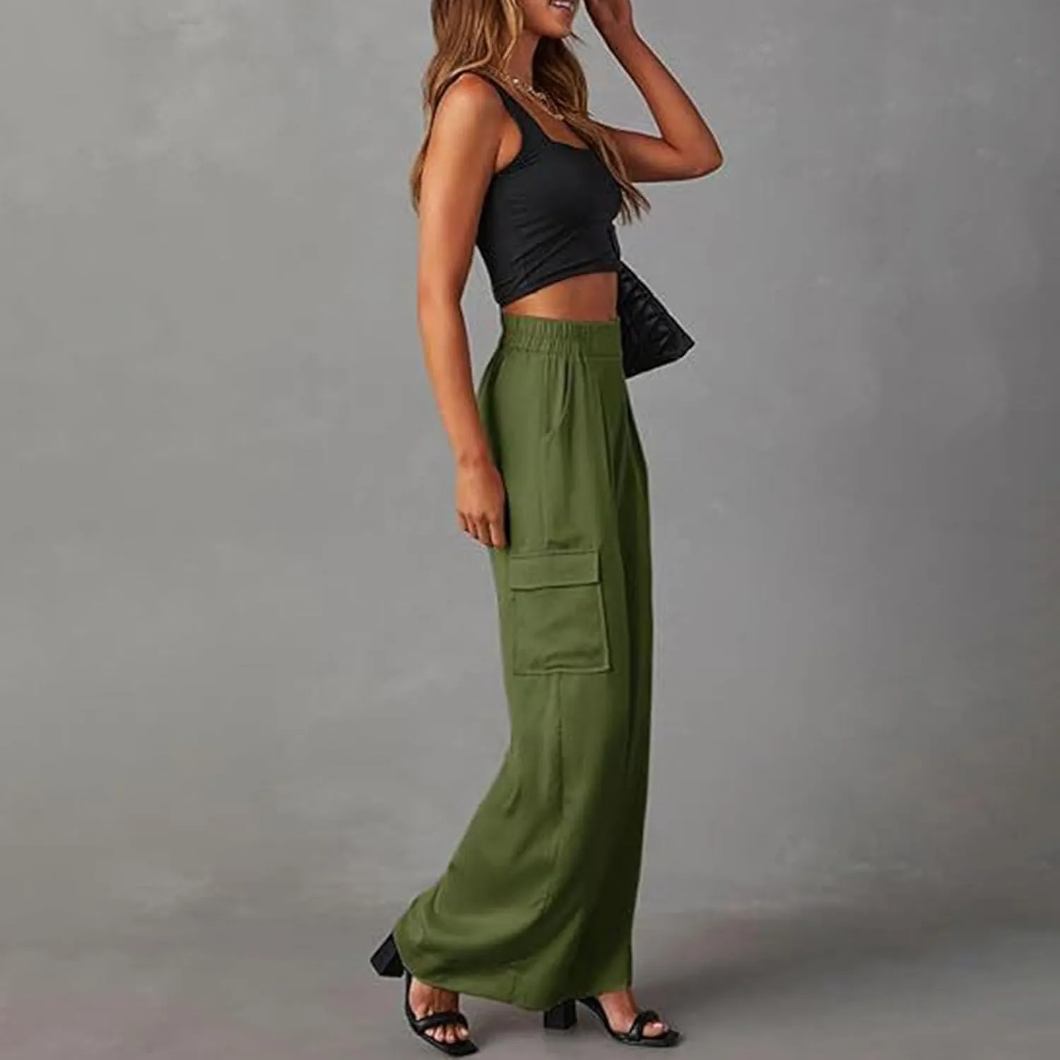 Women's Baggy Cargo Pants Wide Leg Elastic Waist Multi Pockets Straight Leg Pants Loose Comfy Streetwear Patchwork Trousers