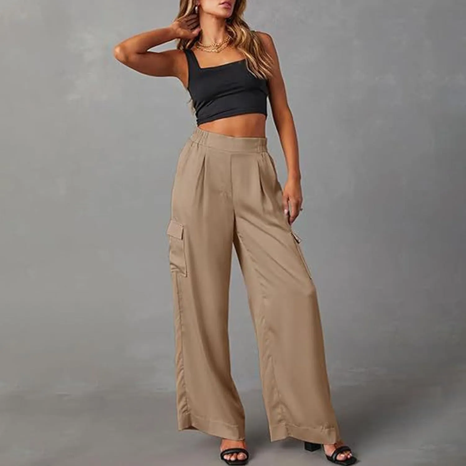 Women's Baggy Cargo Pants Wide Leg Elastic Waist Multi Pockets Straight Leg Pants Loose Comfy Streetwear Patchwork Trousers