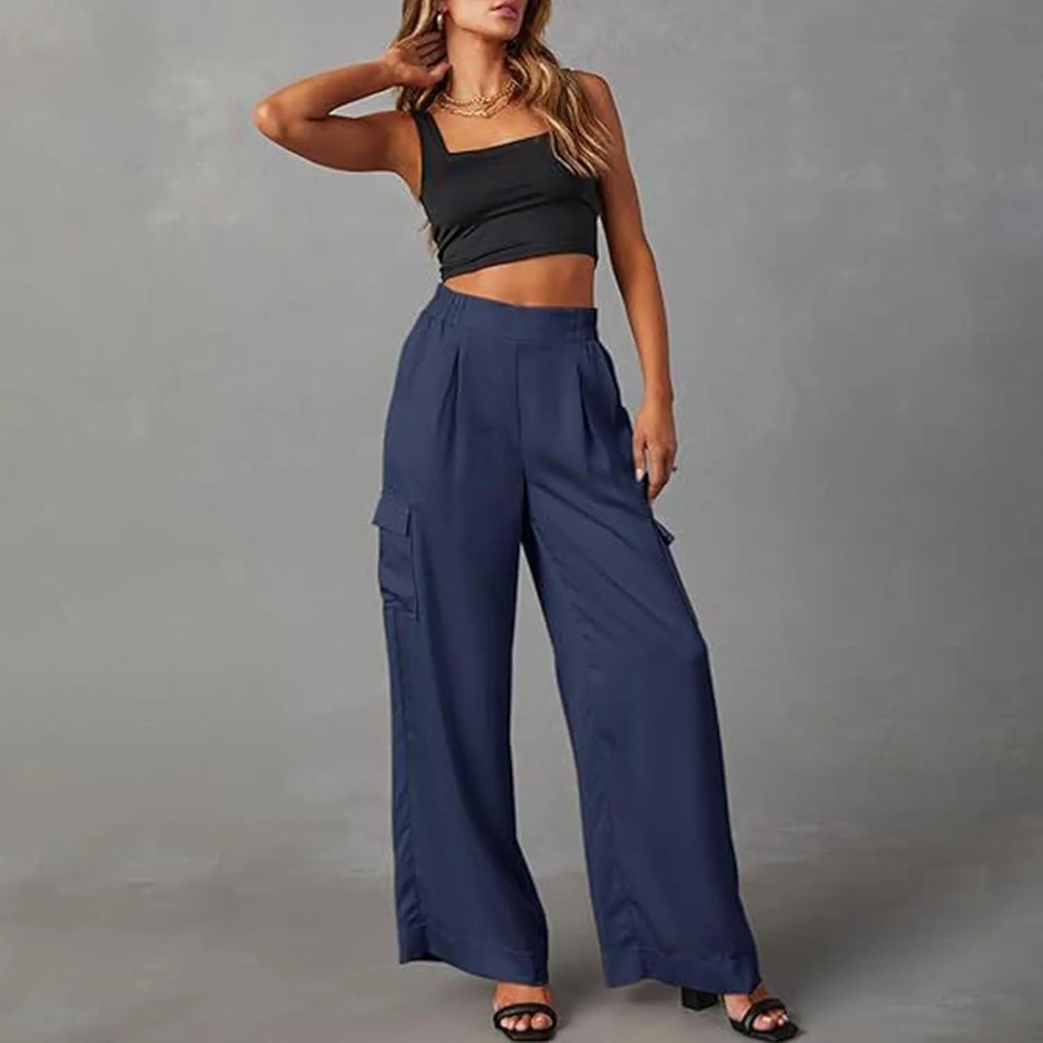 Women's Baggy Cargo Pants Wide Leg Elastic Waist Multi Pockets Straight Leg Pants Loose Comfy Streetwear Patchwork Trousers