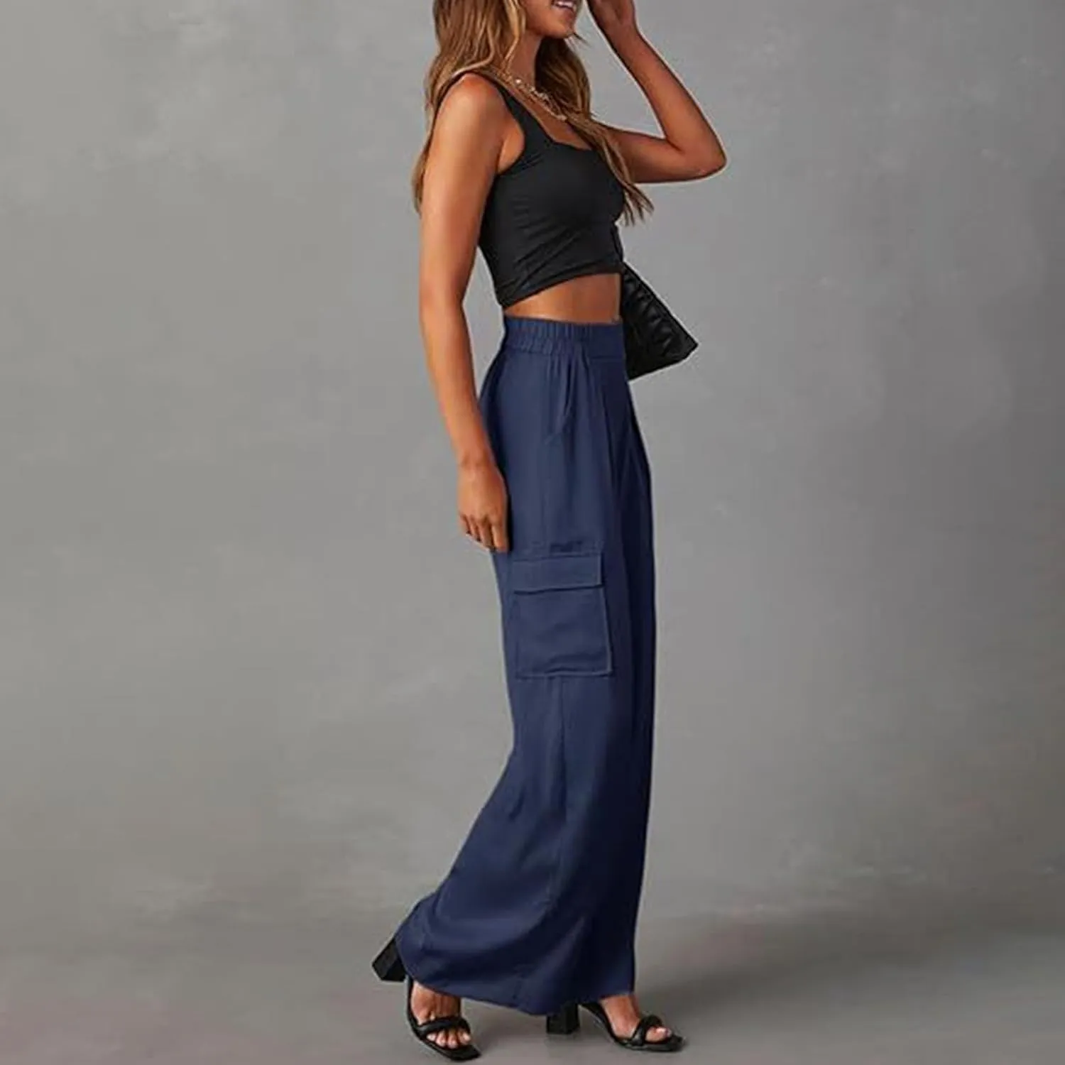 Women's Baggy Cargo Pants Wide Leg Elastic Waist Multi Pockets Straight Leg Pants Loose Comfy Streetwear Patchwork Trousers
