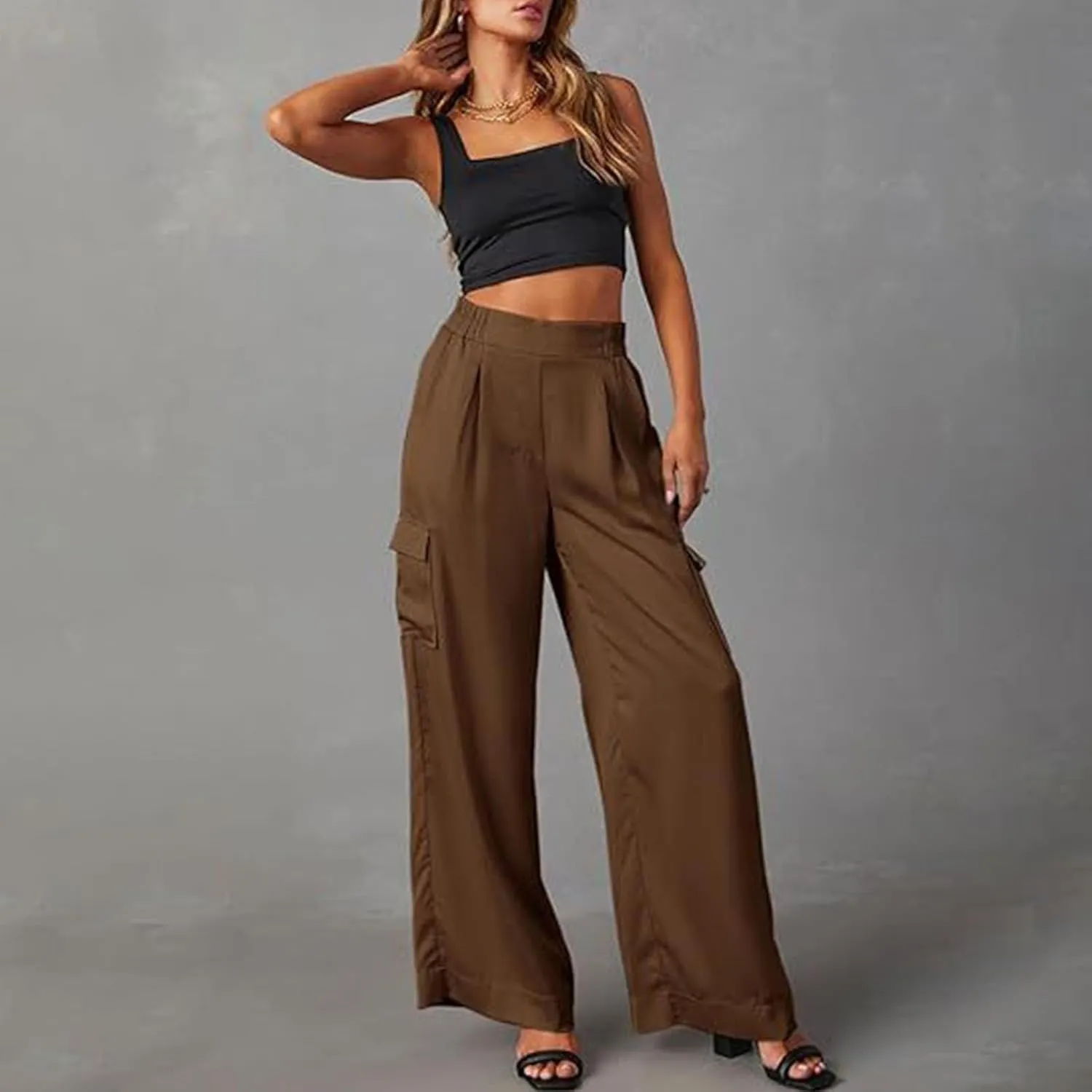 Women's Baggy Cargo Pants Wide Leg Elastic Waist Multi Pockets Straight Leg Pants Loose Comfy Streetwear Patchwork Trousers
