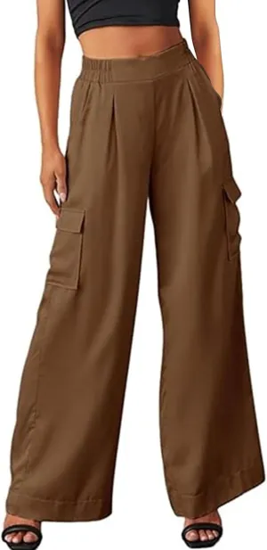 Women's Baggy Cargo Pants Wide Leg Elastic Waist Multi Pockets Straight Leg Pants Loose Comfy Streetwear Patchwork Trousers