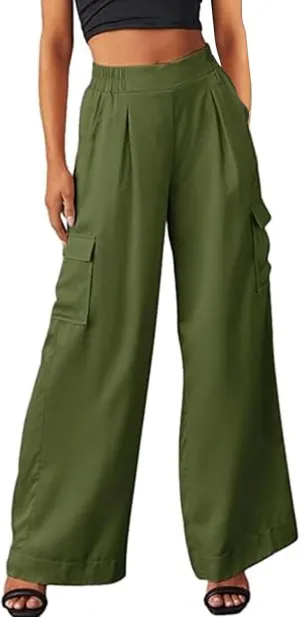 Women's Baggy Cargo Pants Wide Leg Elastic Waist Multi Pockets Straight Leg Pants Loose Comfy Streetwear Patchwork Trousers