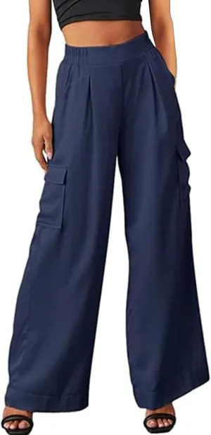 Women's Baggy Cargo Pants Wide Leg Elastic Waist Multi Pockets Straight Leg Pants Loose Comfy Streetwear Patchwork Trousers
