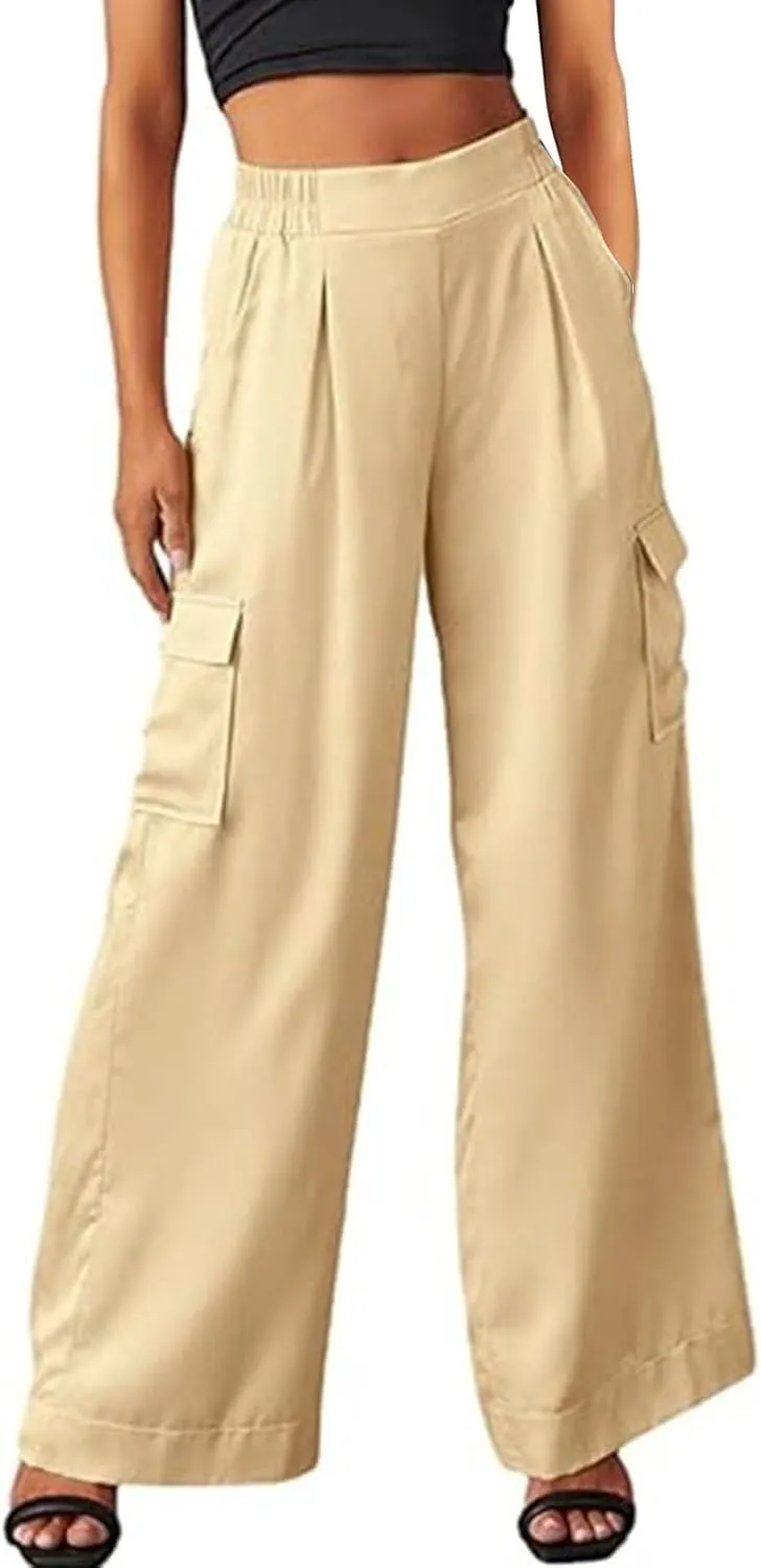 Women's Baggy Cargo Pants Wide Leg Elastic Waist Multi Pockets Straight Leg Pants Loose Comfy Streetwear Patchwork Trousers