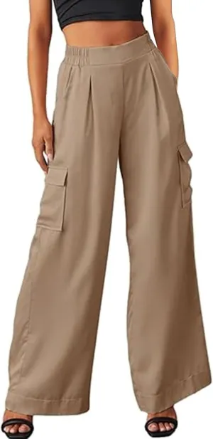 Women's Baggy Cargo Pants Wide Leg Elastic Waist Multi Pockets Straight Leg Pants Loose Comfy Streetwear Patchwork Trousers