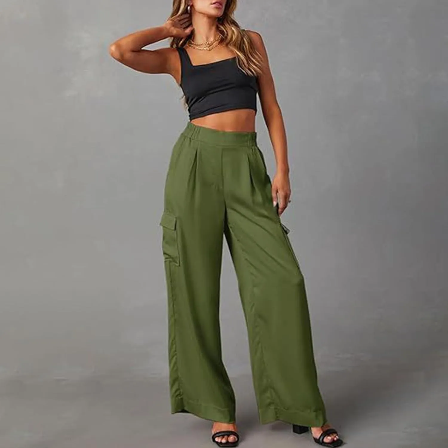 Women's Baggy Cargo Pants Wide Leg Elastic Waist Multi Pockets Straight Leg Pants Loose Comfy Streetwear Patchwork Trousers