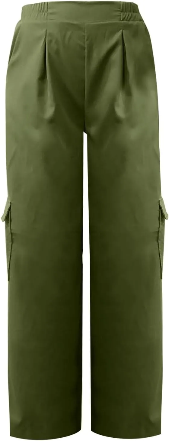 Women's Baggy Cargo Pants Wide Leg Elastic Waist Multi Pockets Straight Leg Pants Loose Comfy Streetwear Patchwork Trousers