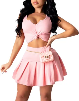 Womens Bodycon Dress Set - Tie Knot Front Crop Tank Top High Waist Pleated Mini Skirt Two Piece Outfit Suit Set