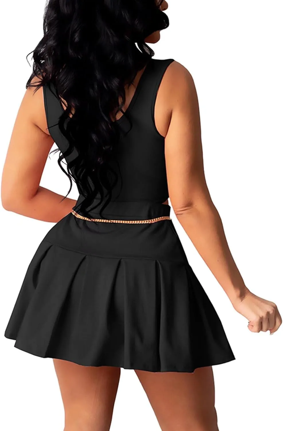 Womens Bodycon Dress Set - Tie Knot Front Crop Tank Top High Waist Pleated Mini Skirt Two Piece Outfit Suit Set