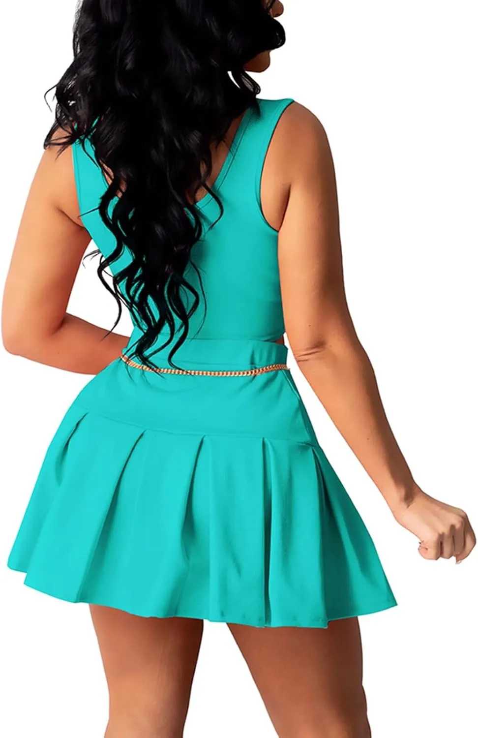 Womens Bodycon Dress Set - Tie Knot Front Crop Tank Top High Waist Pleated Mini Skirt Two Piece Outfit Suit Set