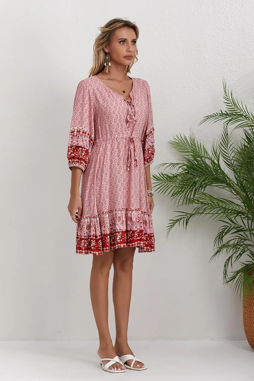 Women's Bohemian Dress V Neck Front Tie 3/4 Long Sleeve Floral A Line Beach Boho Tunic Dress