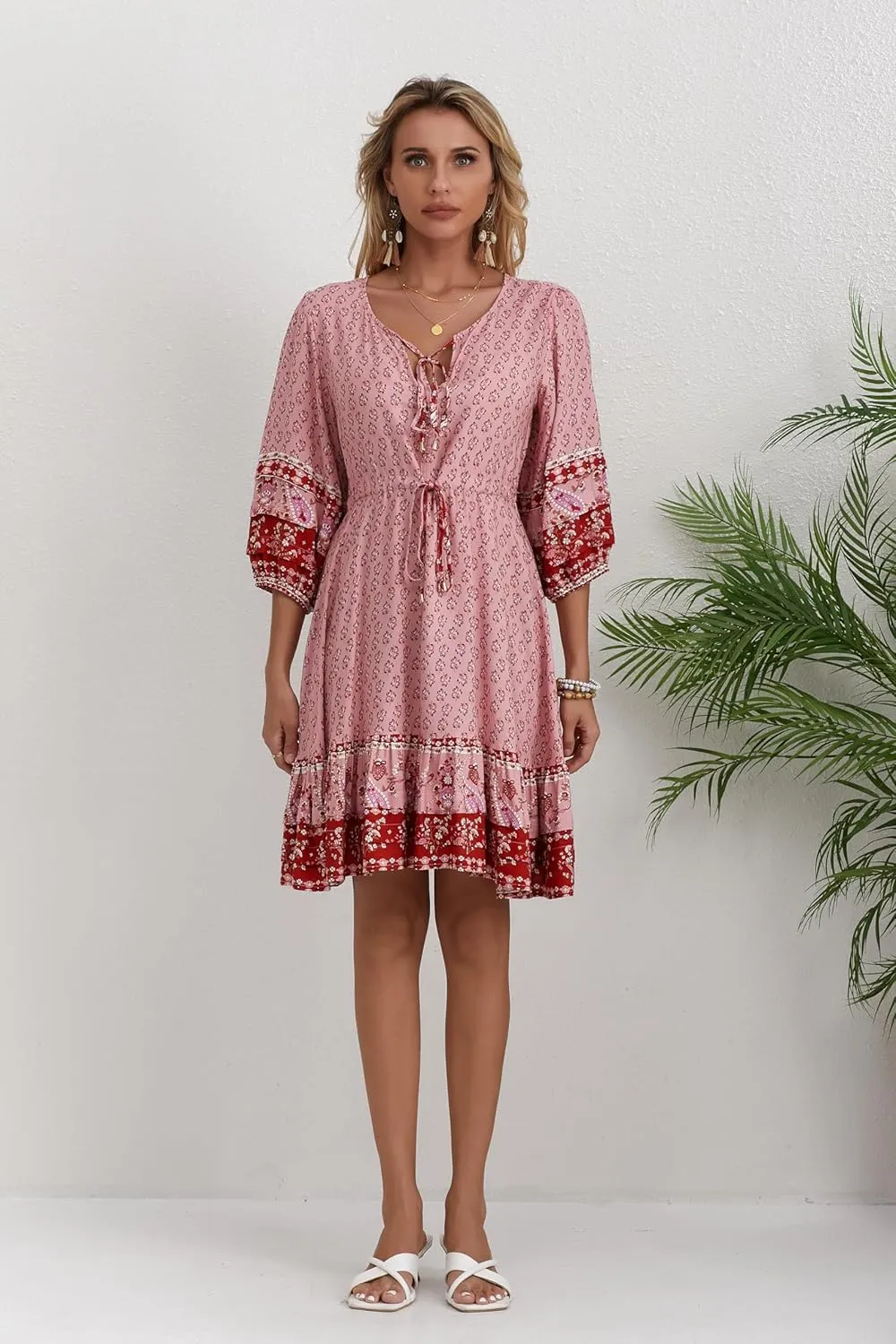 Women's Bohemian Dress V Neck Front Tie 3/4 Long Sleeve Floral A Line Beach Boho Tunic Dress