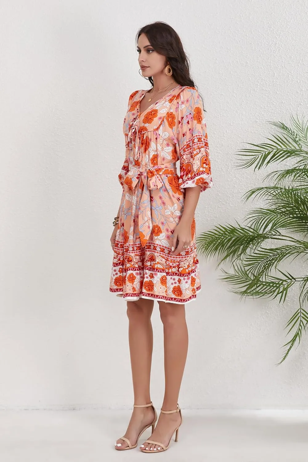 Women's Bohemian Dress V Neck Front Tie 3/4 Long Sleeve Floral A Line Beach Boho Tunic Dress