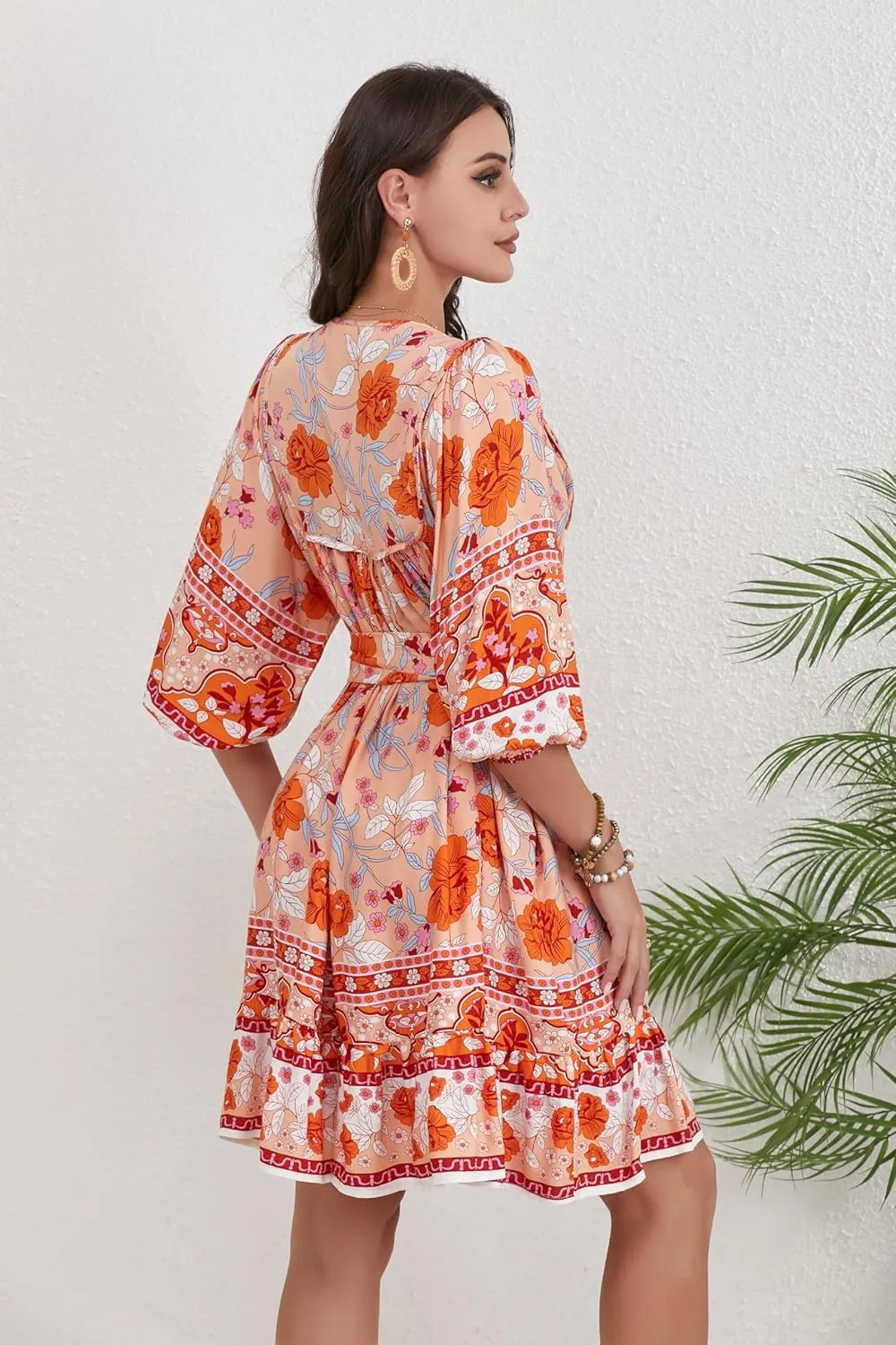 Women's Bohemian Dress V Neck Front Tie 3/4 Long Sleeve Floral A Line Beach Boho Tunic Dress