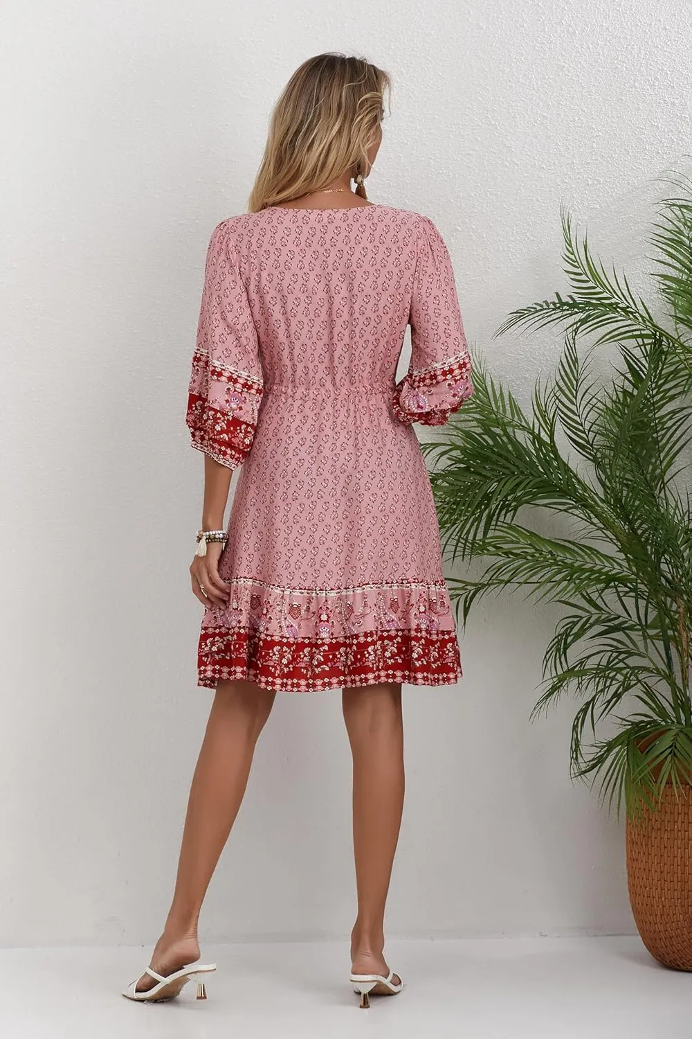Women's Bohemian Dress V Neck Front Tie 3/4 Long Sleeve Floral A Line Beach Boho Tunic Dress
