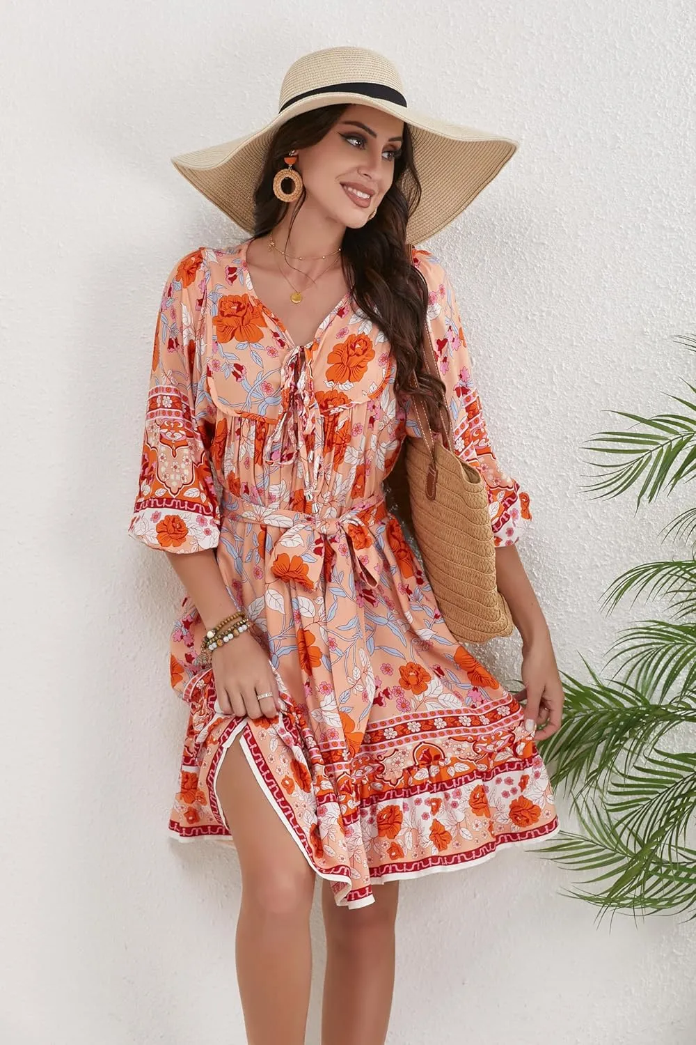 Women's Bohemian Dress V Neck Front Tie 3/4 Long Sleeve Floral A Line Beach Boho Tunic Dress