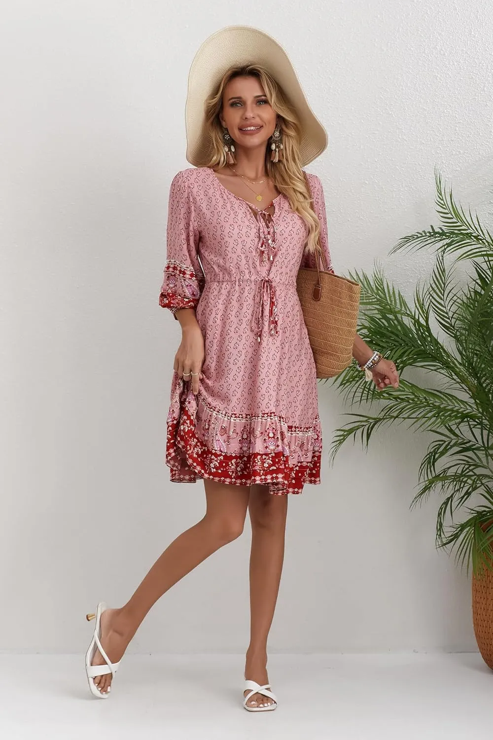 Women's Bohemian Dress V Neck Front Tie 3/4 Long Sleeve Floral A Line Beach Boho Tunic Dress