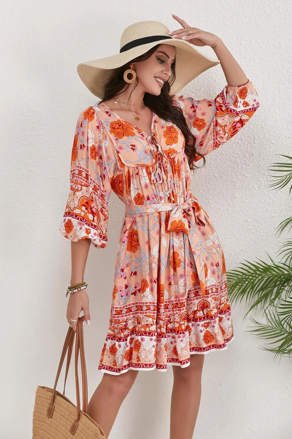 Women's Bohemian Dress V Neck Front Tie 3/4 Long Sleeve Floral A Line Beach Boho Tunic Dress